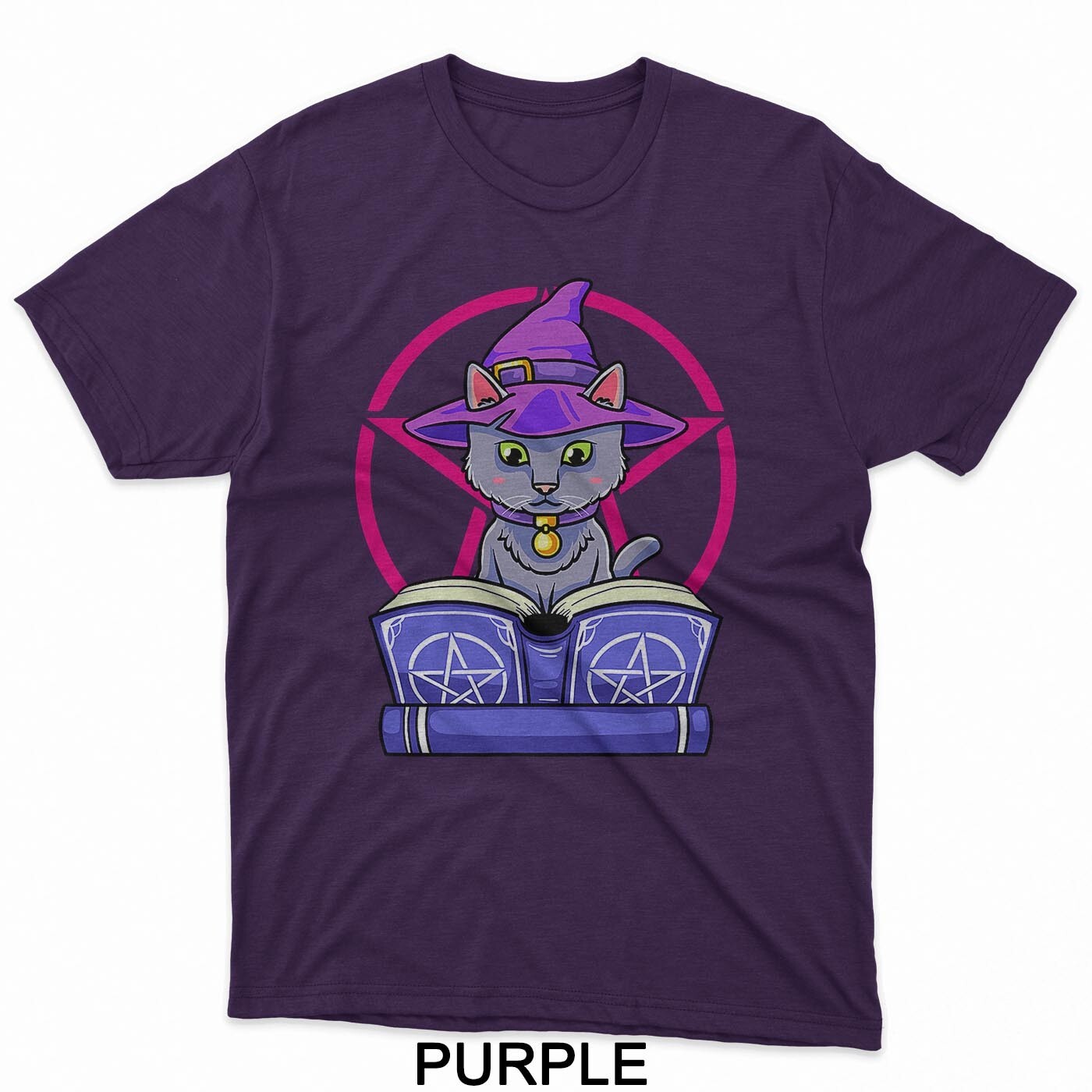 Witch Cat Spell Book Occult Pentagram Magic Familiar T-Shirt gallery