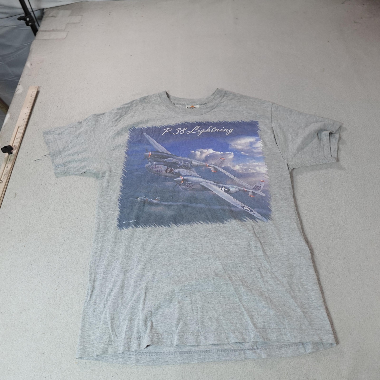 Vintage P-38 Lightning Shirt Mens Large Gray WWII Airplane Tee Diamond Star T gallery