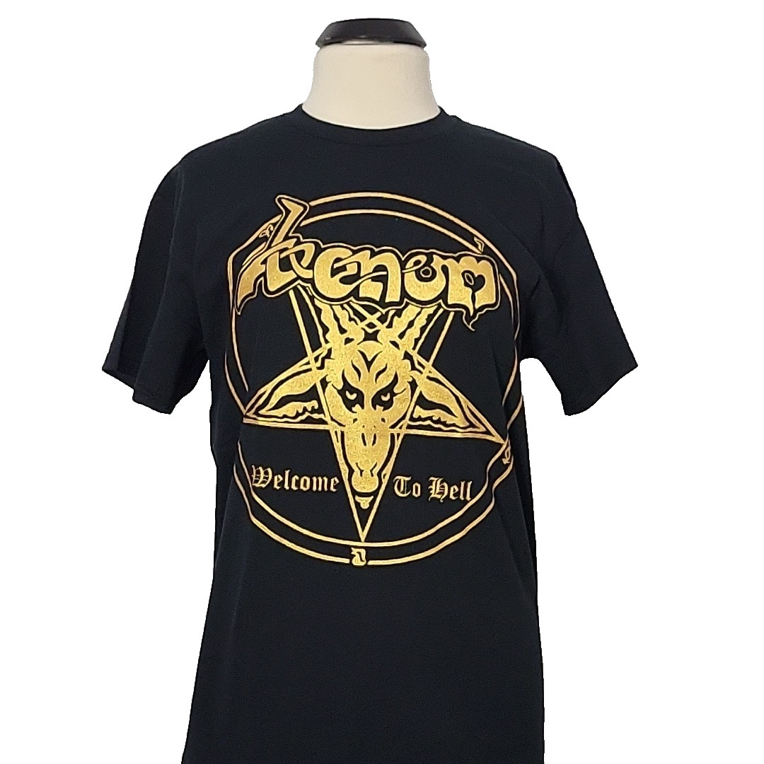 VENOM Welcome To Hell M MEDIUM T-Shirt Black Mens Shiny Gold Band Logo