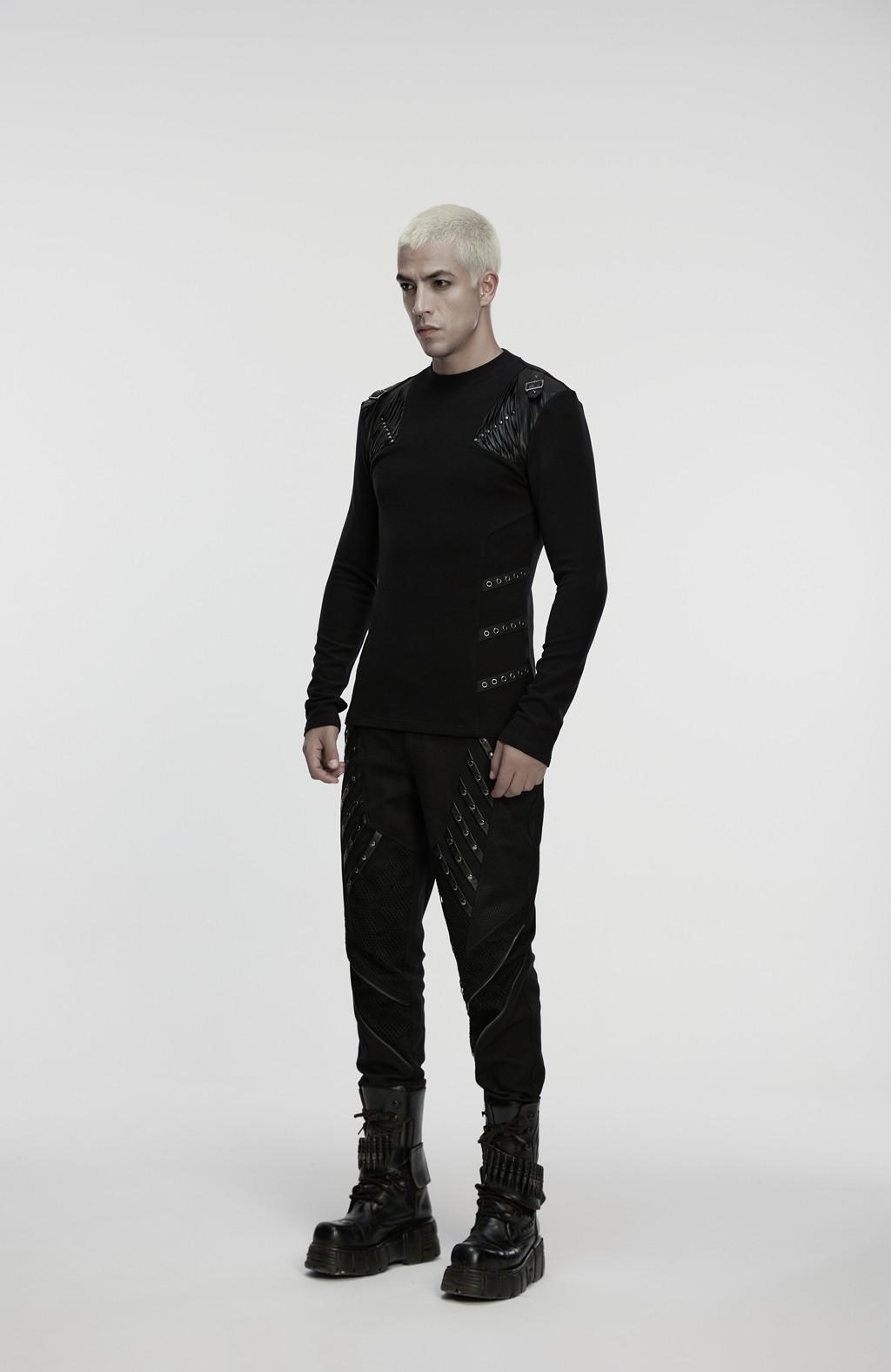 Punk Rave Men Black Gothic Handsome Punk Splicing Knitted T-Shirt Slim Fit Tops gallery