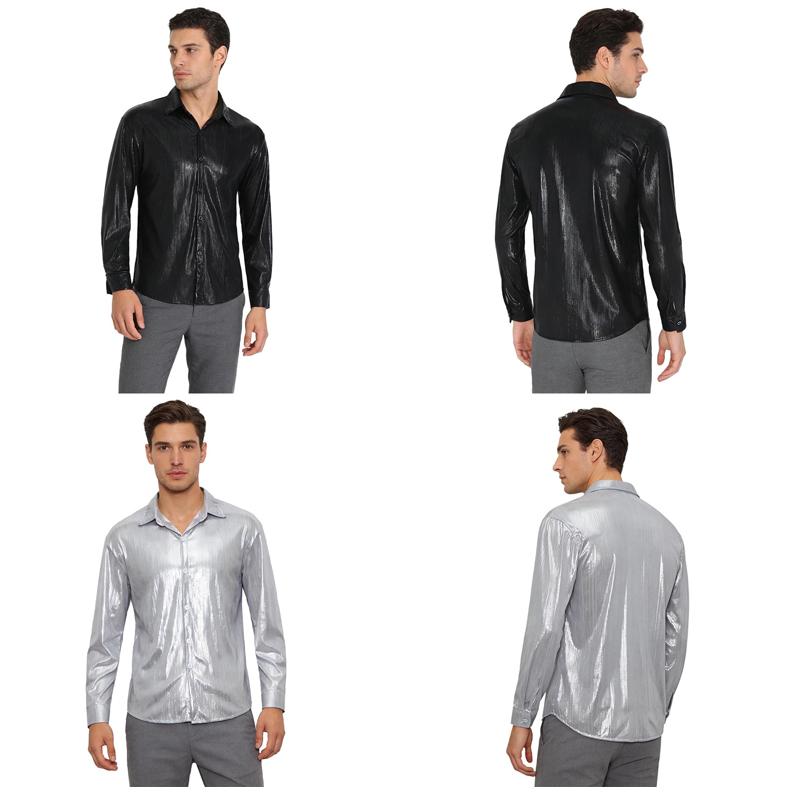 US Men Shirt Nightclub Top Loose Blouse Travel Front Button-up Dating Shiny Prom gallery