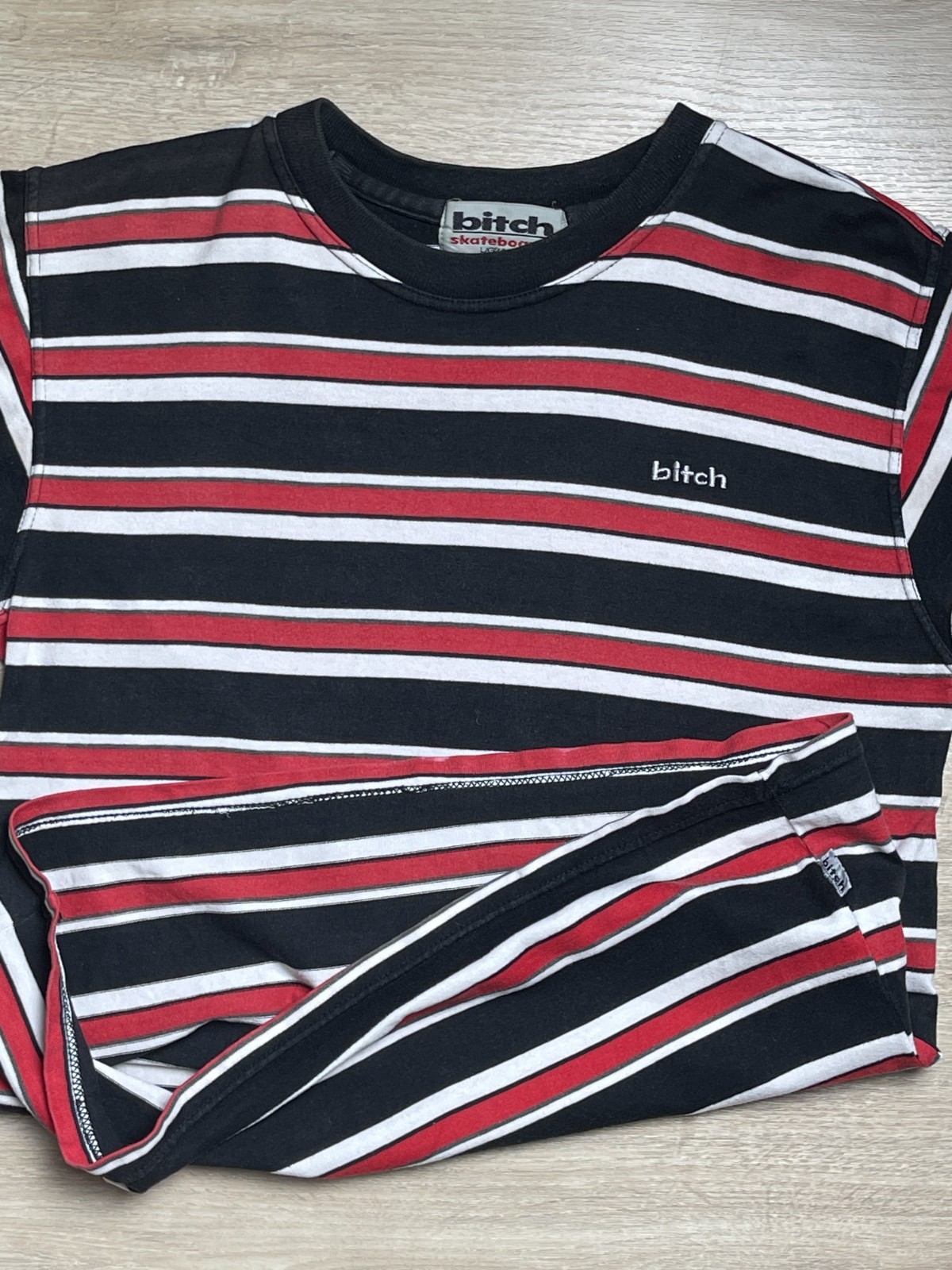 Vintage Bitch Skateboards Striped T Shirt Men’s Size Large 90S gallery