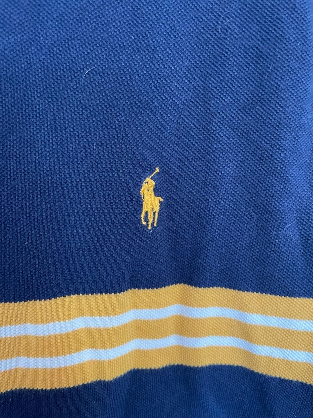 Vintage Polo Ralph Lauren Navy Blue V-Neck T-Shirt with Yellow and White Stripes gallery