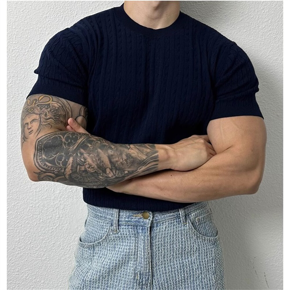 Men's Knitted Short Sleeve T-Shirt Classic Casual Slim Round Neck Shirts gallery