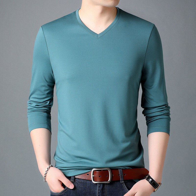 Men T-Shirt Long-Sleeved V-Neck Pure Color Casual Tee Shirt Pullover Tops