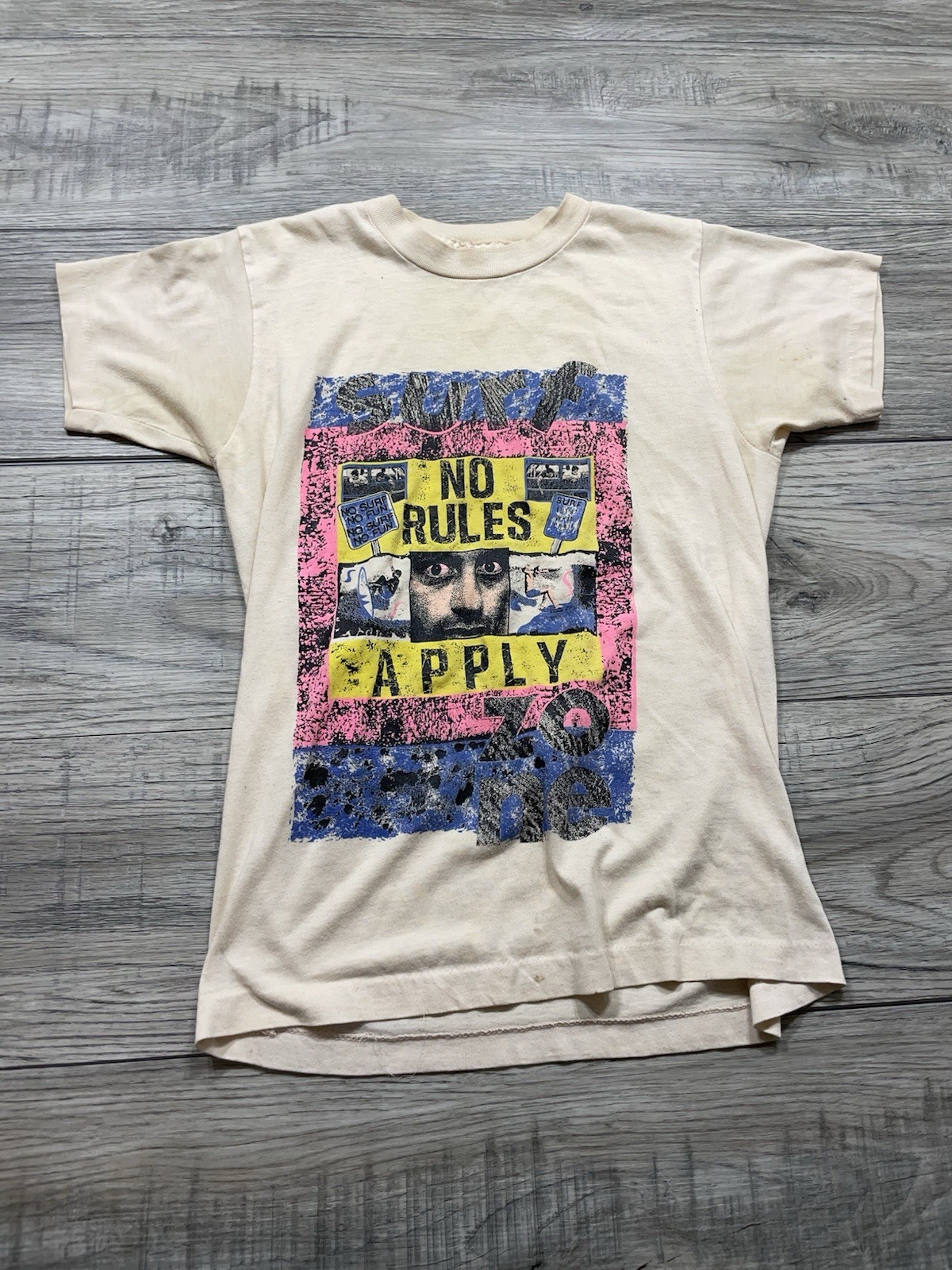 1970s Surf Tee Shirt Rare Obscure No Rules Apply Cream Graphic Xs gallery