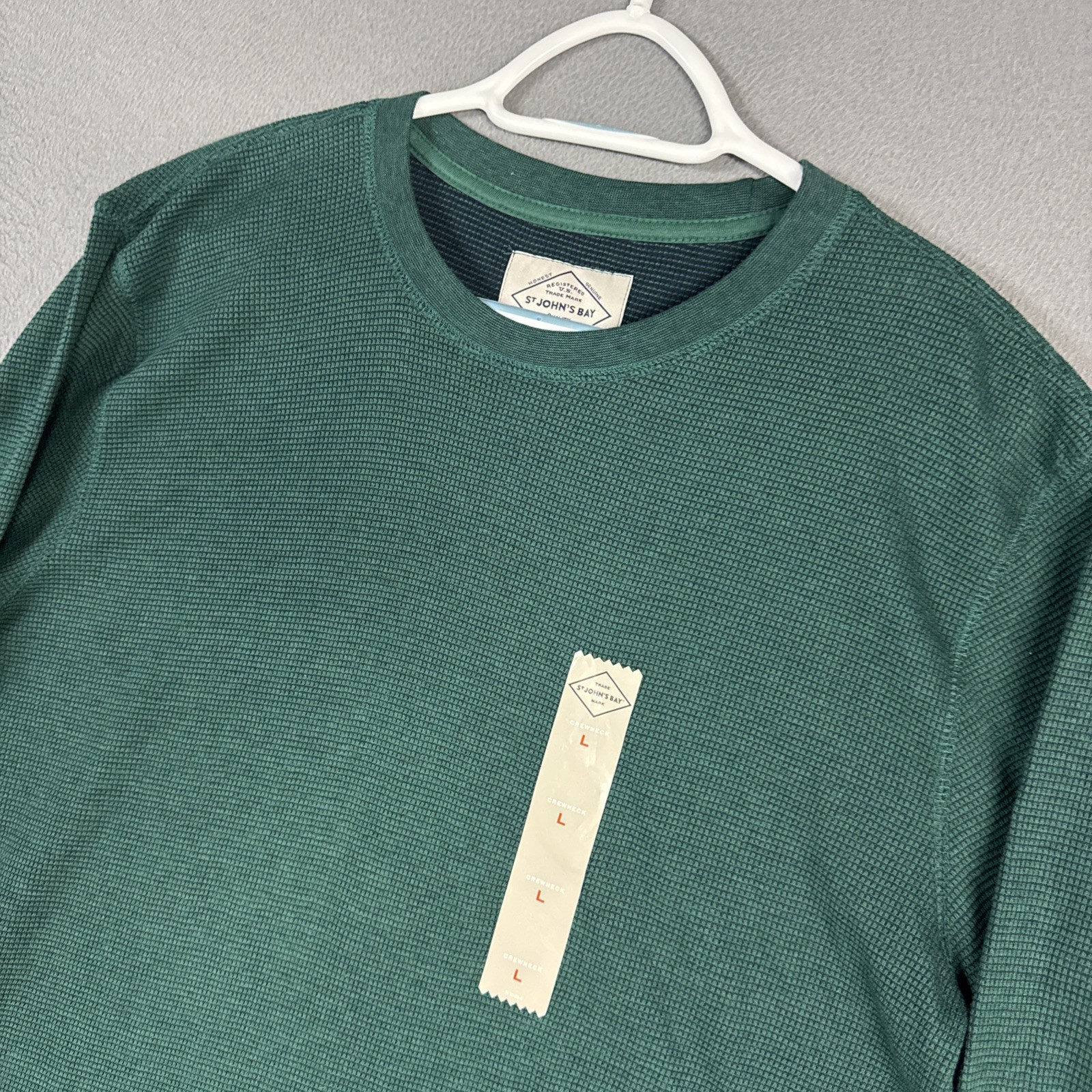 St Johns Bay Shirt Mens Large Green Super Soft Long Sleeve Waffle Knit Crew NWT gallery
