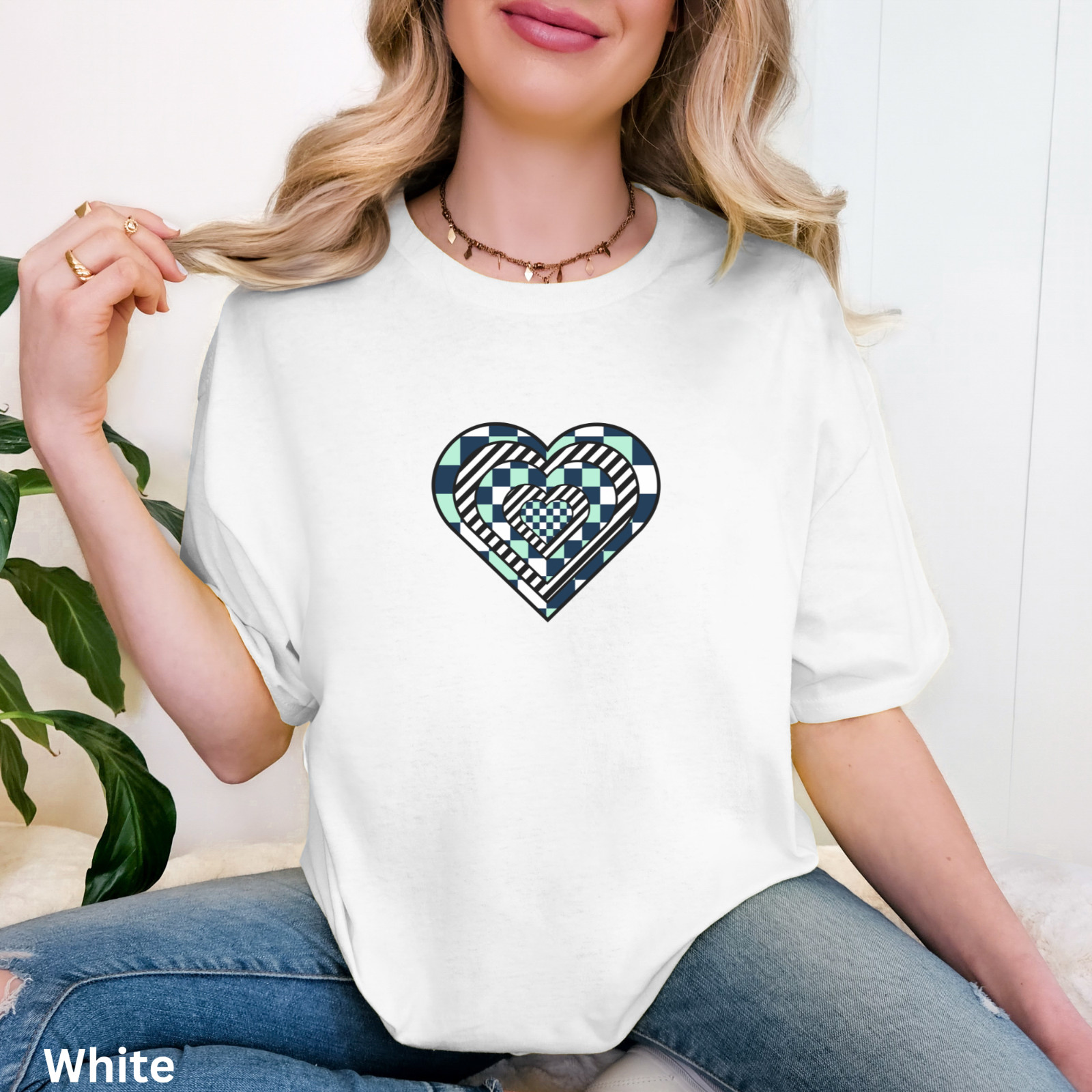 Geometric Pattern Heart Tee, Cute Valentine's Day Shirt, Checkerboard Heart Top gallery