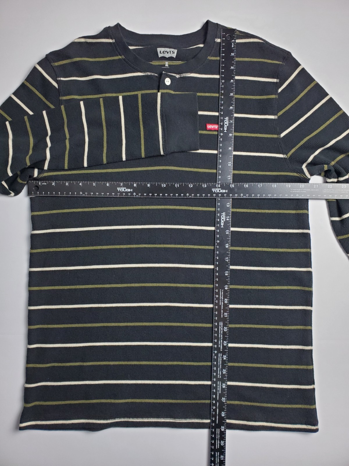 Levi's Mens XL Thermal Henley Olive Green Stripe Waffle Knit Long Sleeve Shirt gallery