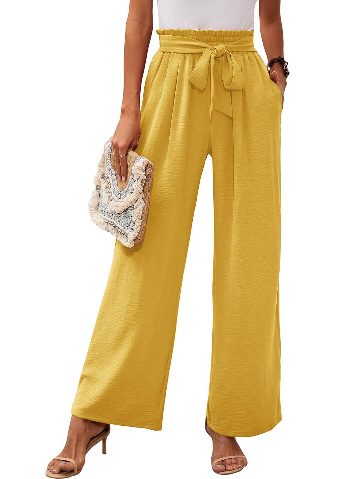 Womens Wide Leg Lounge Pants with Pockets High Waisted Tie Knot Trousers gallery