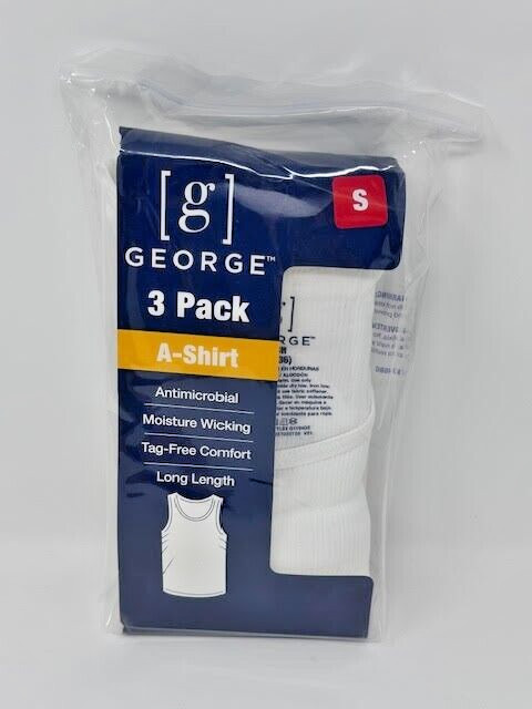 NEW! George Tag Free Comfort Long length A-Shirt Men's, WHITE, Small, 3-Pack, gallery