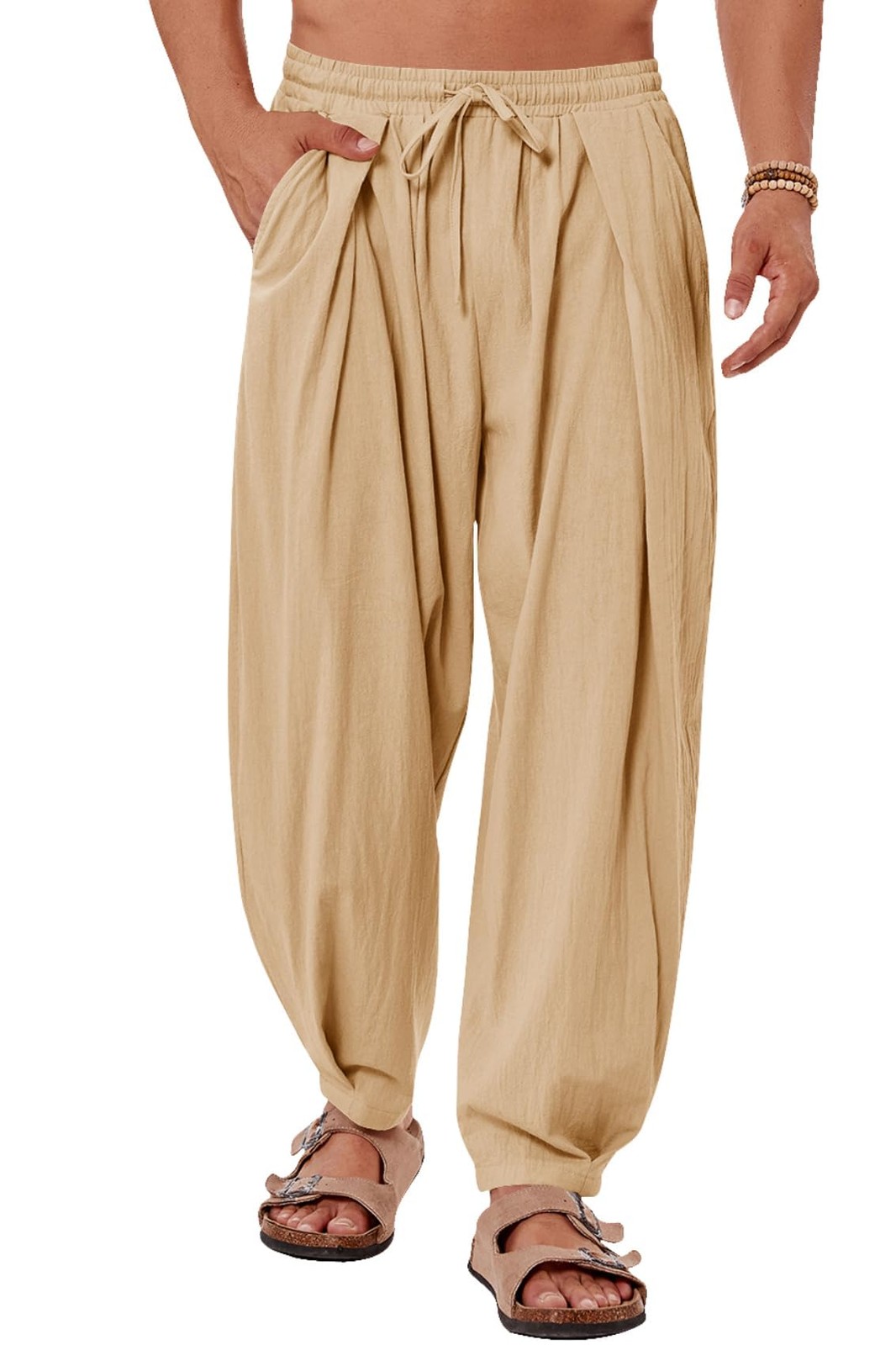 Mens Linen Yoga Pants Elastic Waist Drawstring Summer Beach Loose Fit Trouser