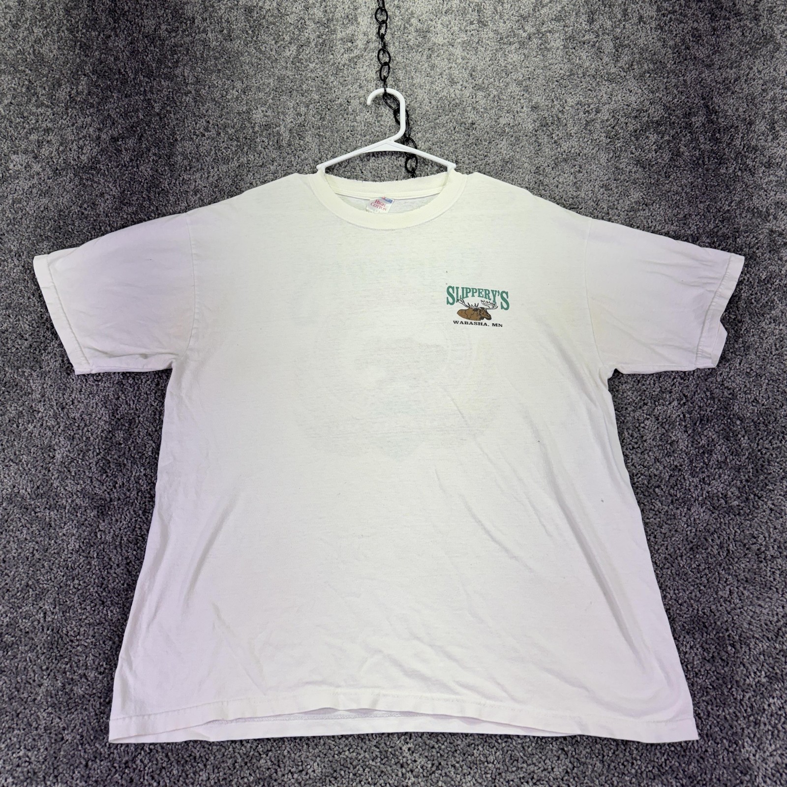 High Cotton Shirt Mens Large White Slippery’s Wabasha MN Moose Graphic Tee Vtg