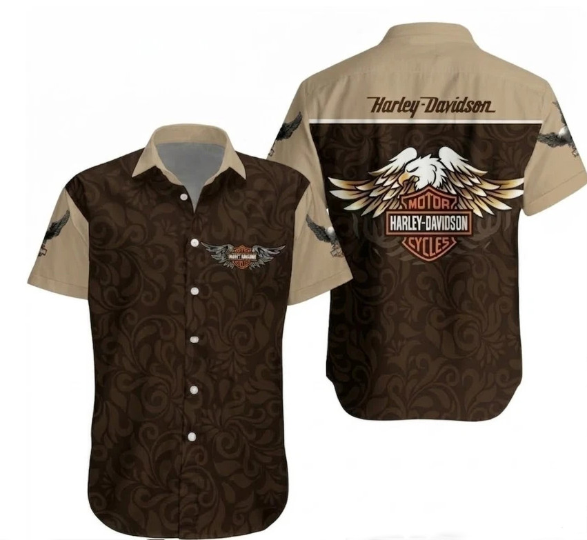 Harley-Davidson Inspired Brown Hawaiian Shirt – Classic Motorcycles Eagle Vintag