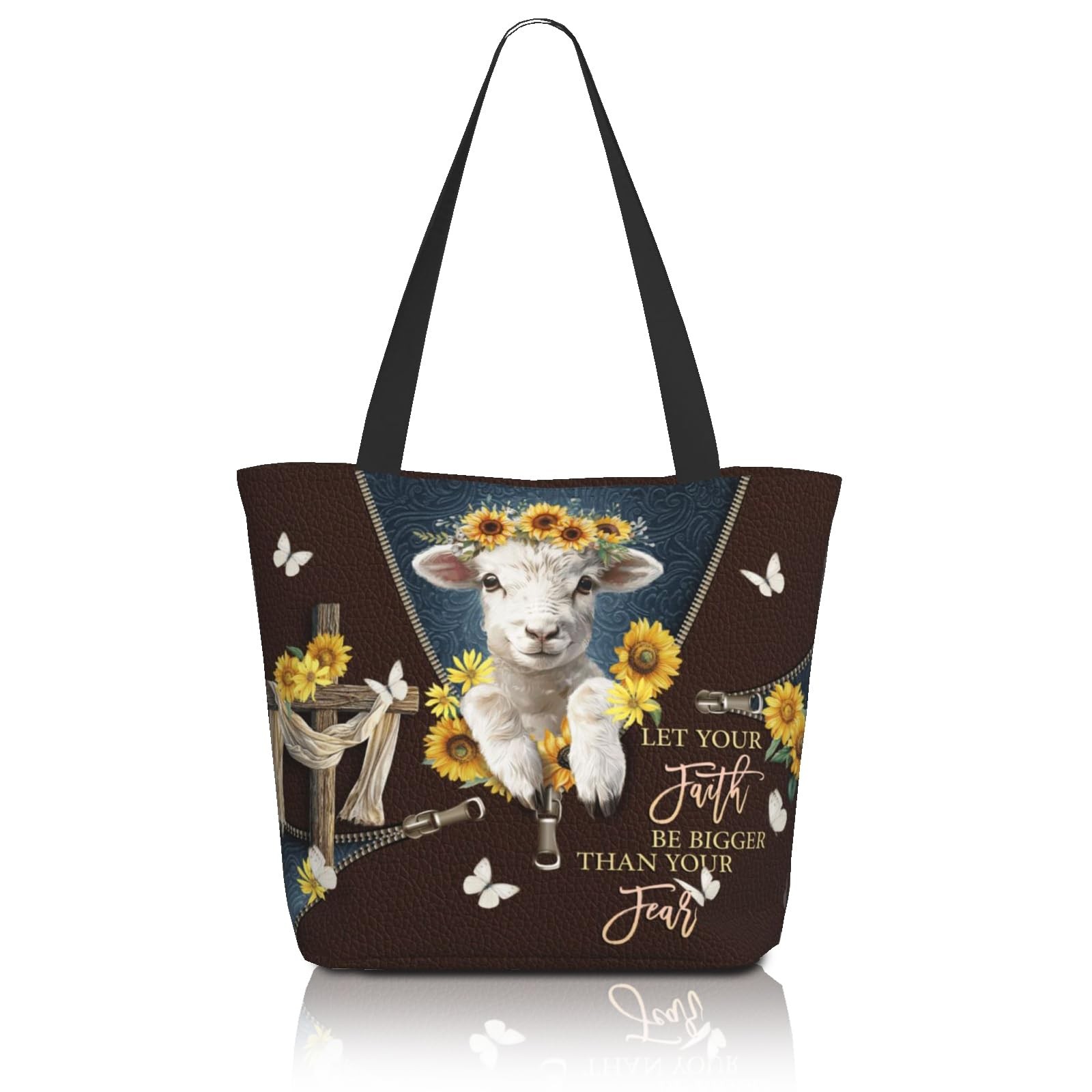 Cross Lamb Sunflower Brown Tote Bag For Women With Zipper Work Laptop Canvas ... gallery