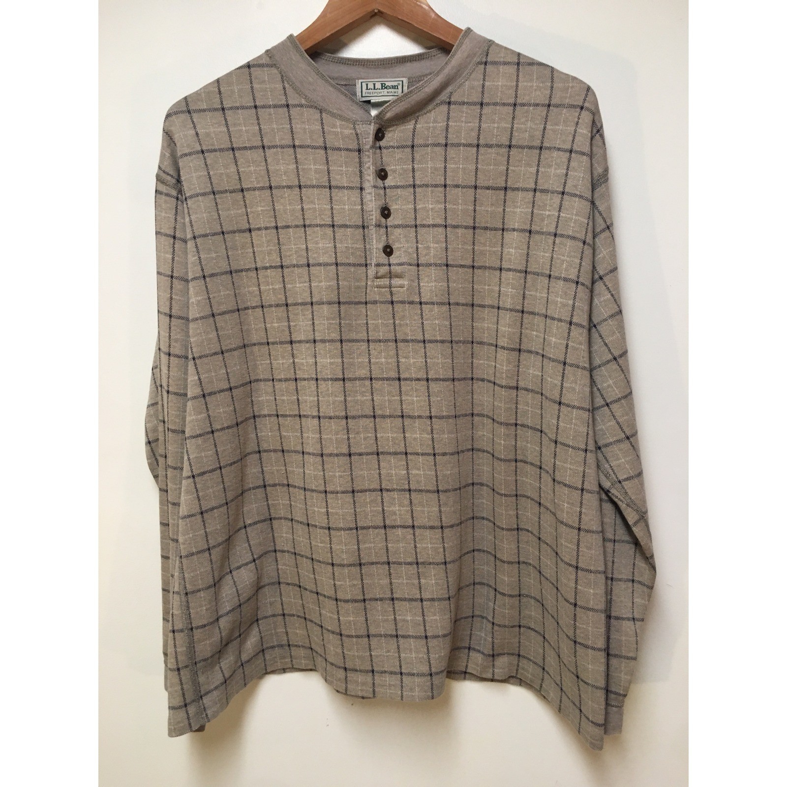 L.L. Bean Henley Shirt Mens XL Tan Windowpane Check Long Sleeve Cotton USA gallery