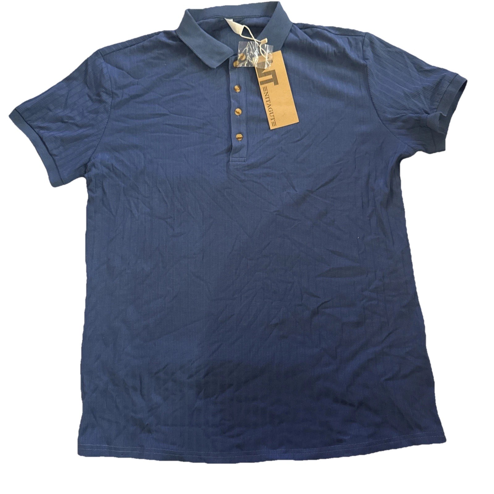 NITAGUT Mens Blue Casual Short Sleeve Collared Ribbed Knit POLO Shirt Sz L