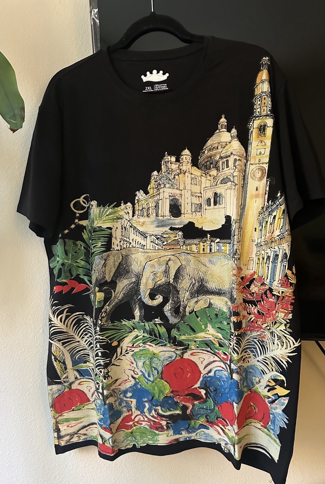 Heads or Tails Men’s Rhinestones Beaded / Black T-shirt Elephants Size 2XL gallery