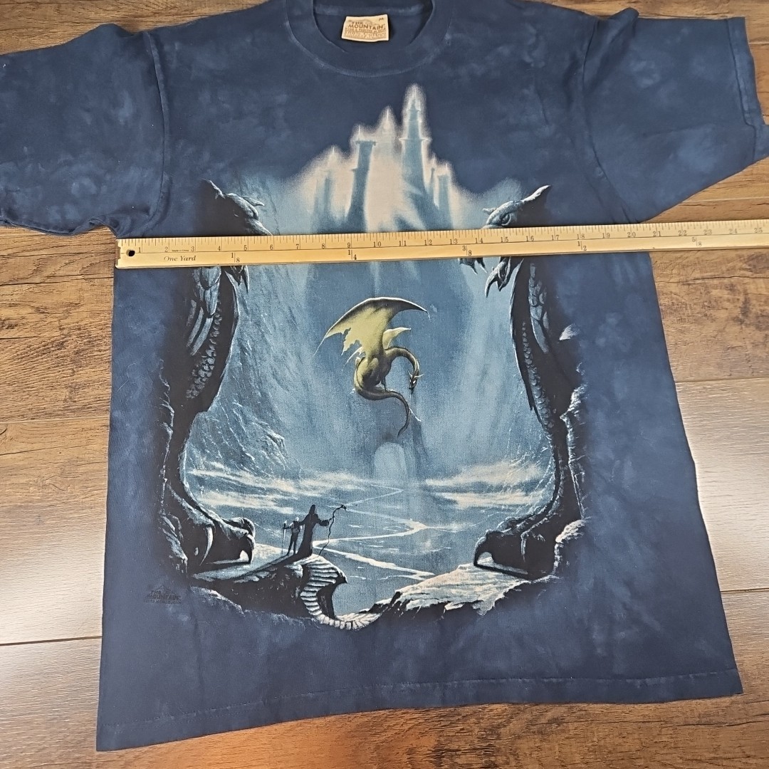 Vintage The Mountain T Shirt Men's Medium Blue Dragon Wizard Leather Tag gallery
