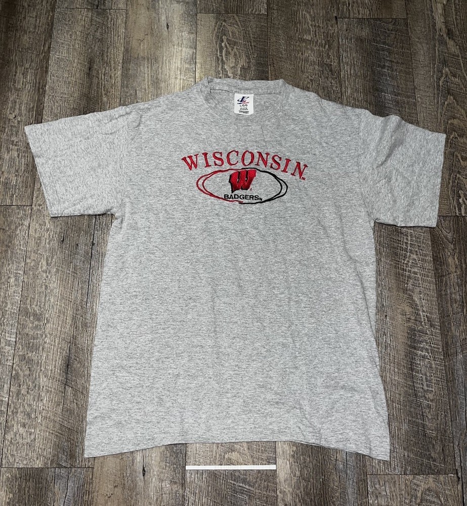 Vintage Logo Athletic Gray and Red Wisconsin Tee Short Sleeve Embroidered Size L