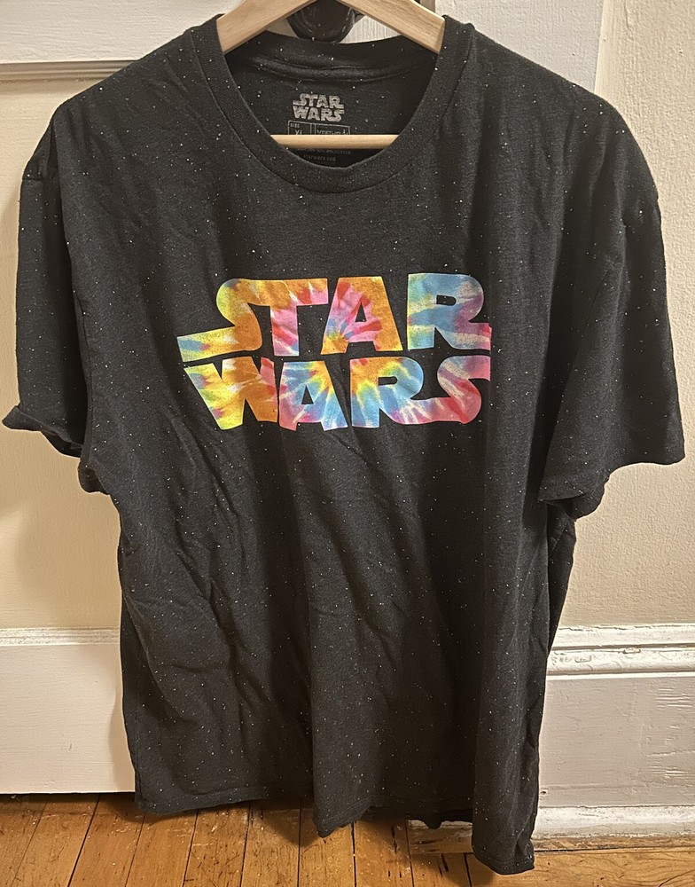Star Wars Black With Tie Dye Letters Textured “Stars” Fabric T-shirt Size XL