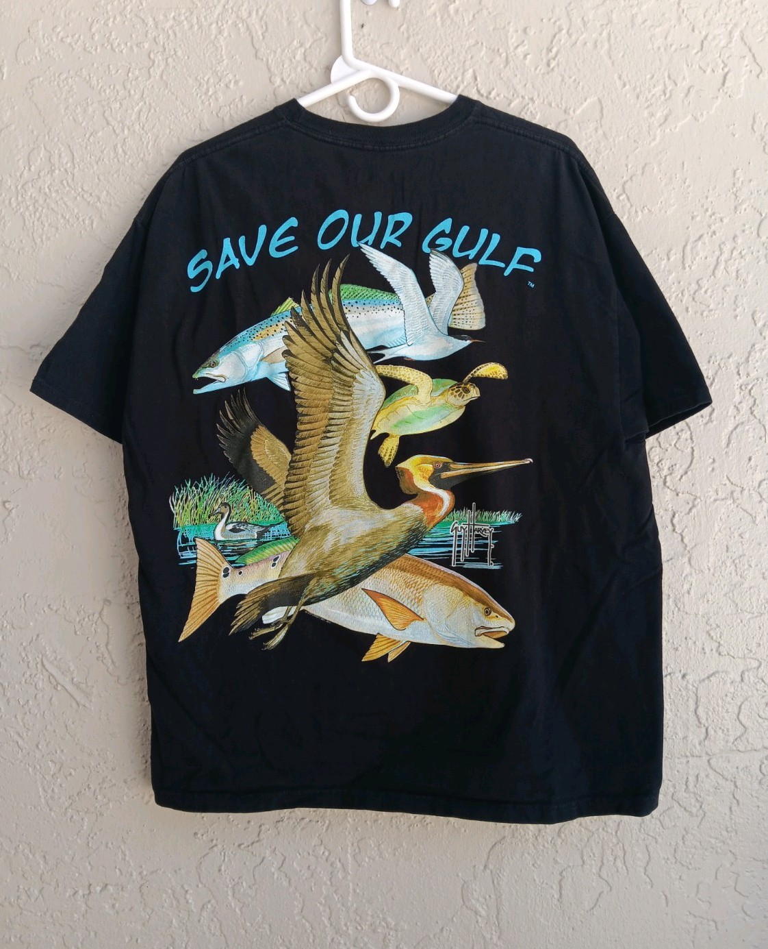Guy Harvey By AFTCO Bluewater T Shirt Mens Sz XL Graphic Logo Pocket Black Flaw