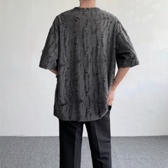 Men Retro Thin Short Sleeve Shirt Ripped Hollow Blouse American Style Tops Soft