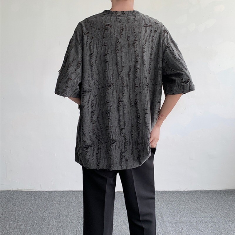 Men Retro Thin Short Sleeve Shirt Ripped Hollow Blouse American Style Tops Soft gallery