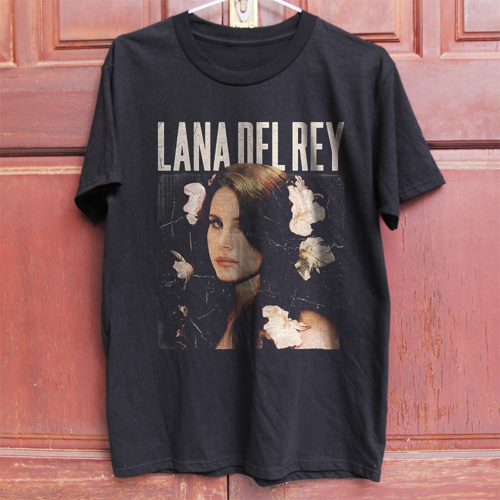 HOT! Lana Del Rey Floral Portrait Unisex Black Cotton T-Shirt Size S-5XL gallery