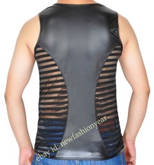 Men Sleeveless Tee Shirt Hunter Style See-through Mesh & Leater Tank Top Vest