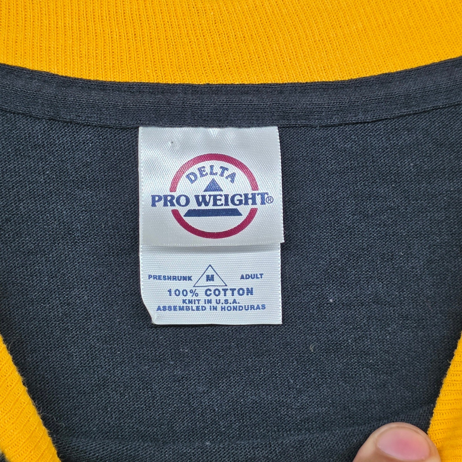 Vintage Delta Pro Weight Pittsburgh Steel City Ringer T-Shirt Black Yellow Mens gallery