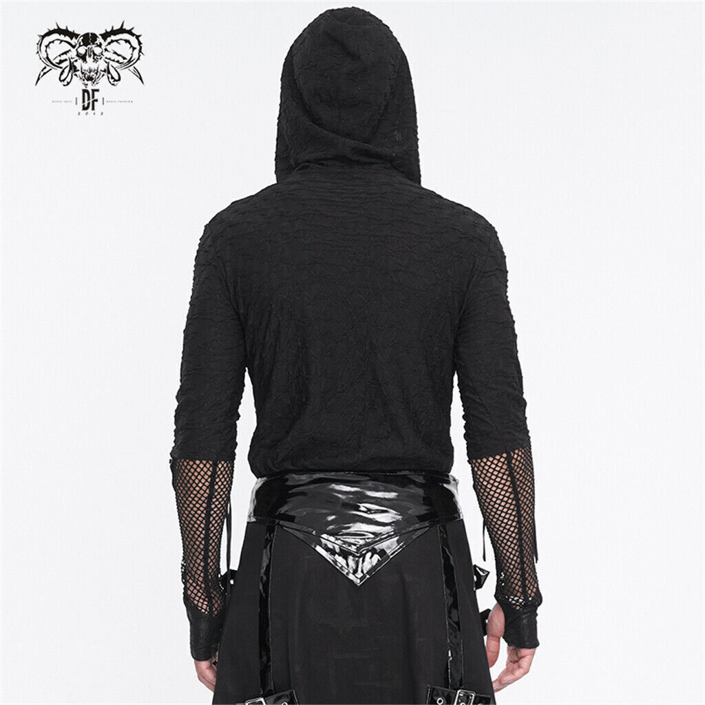 Devil Fashion Men Black Gothic Punk Mesh Splicing Casual Hooded T-Shirt Slim Top gallery