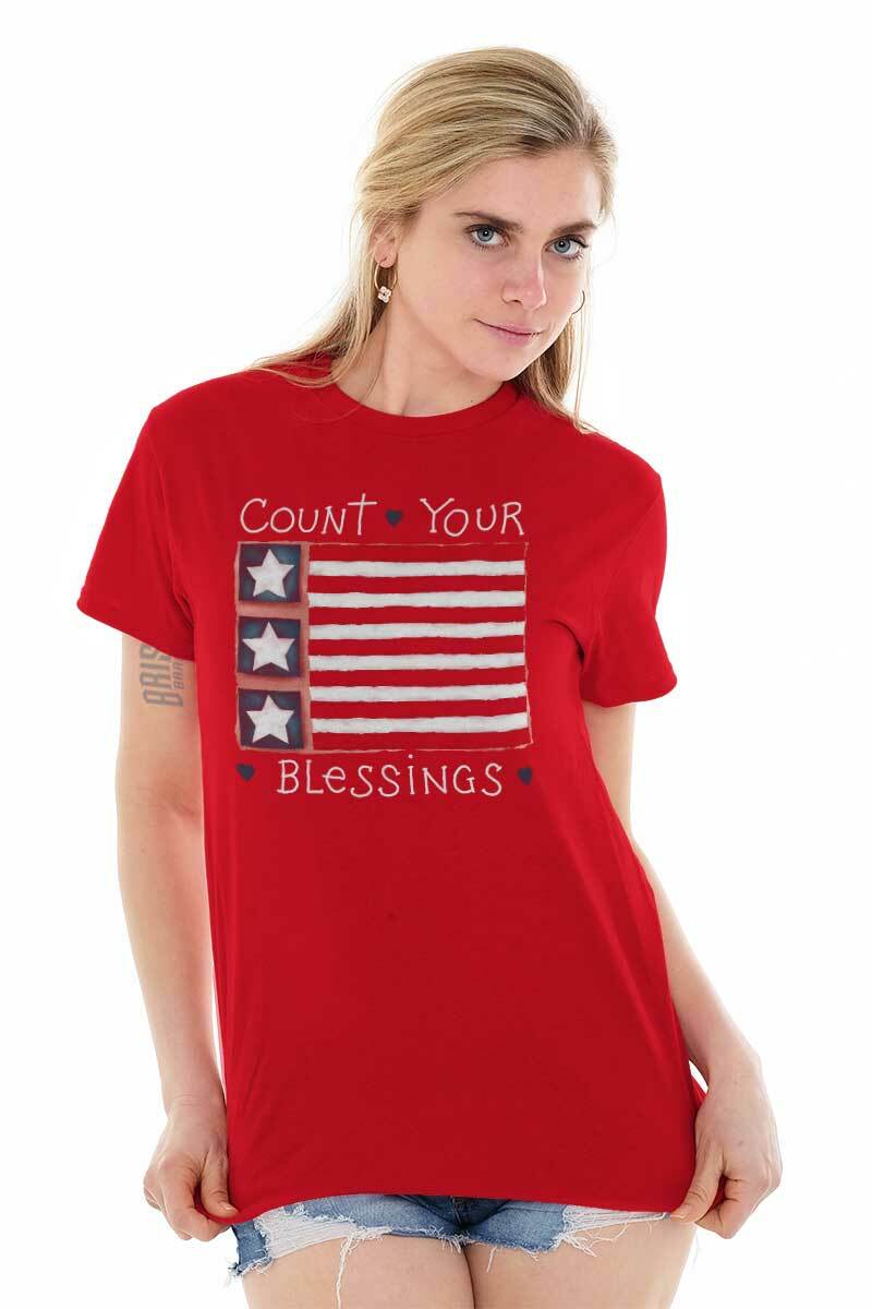 Count Your Blessings American Flag USA Christ Womens Short Sleeve Crewneck Tee gallery