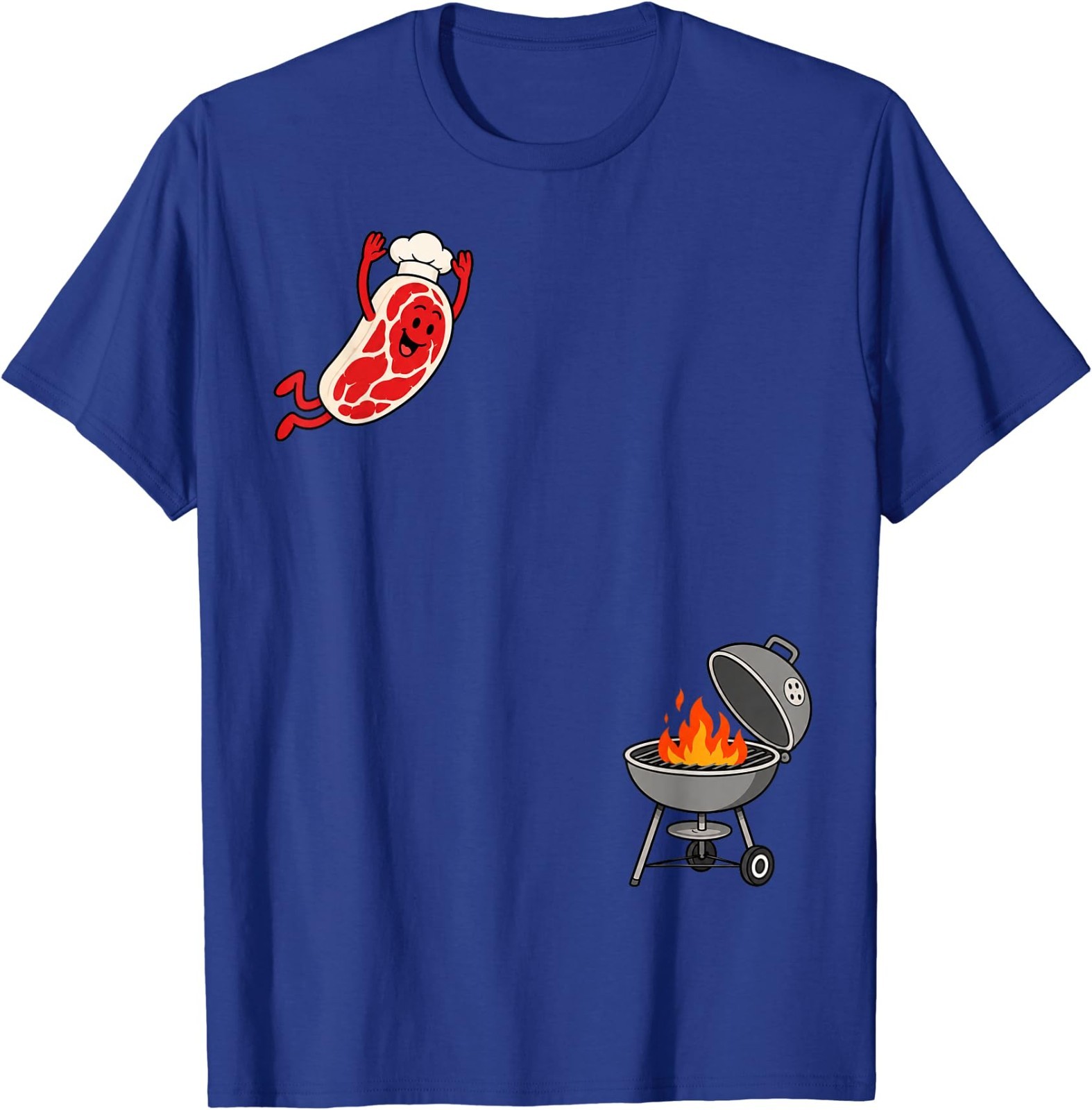 Funny Chef Steak Jumping Into BBQ Grill Cartoon T-Shirt gallery