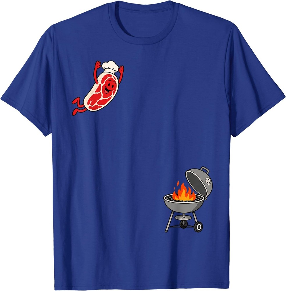 Funny Chef Steak Jumping Into BBQ Grill Cartoon T-Shirt
