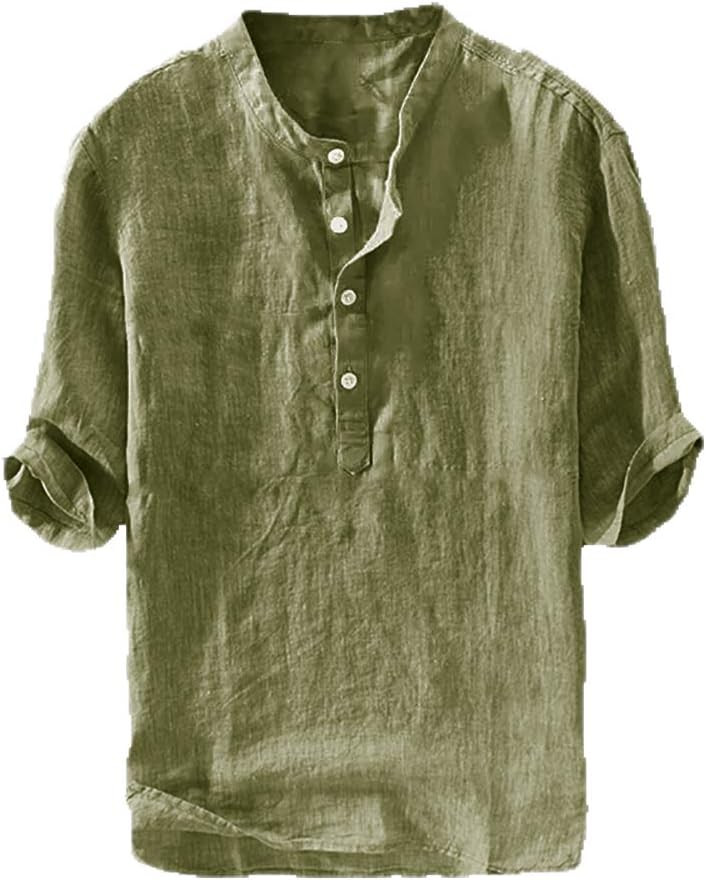 Men's Casual Linen Cotton 3/4 Sleeve Henley T-Shirt - Lightweight Summer Top gallery