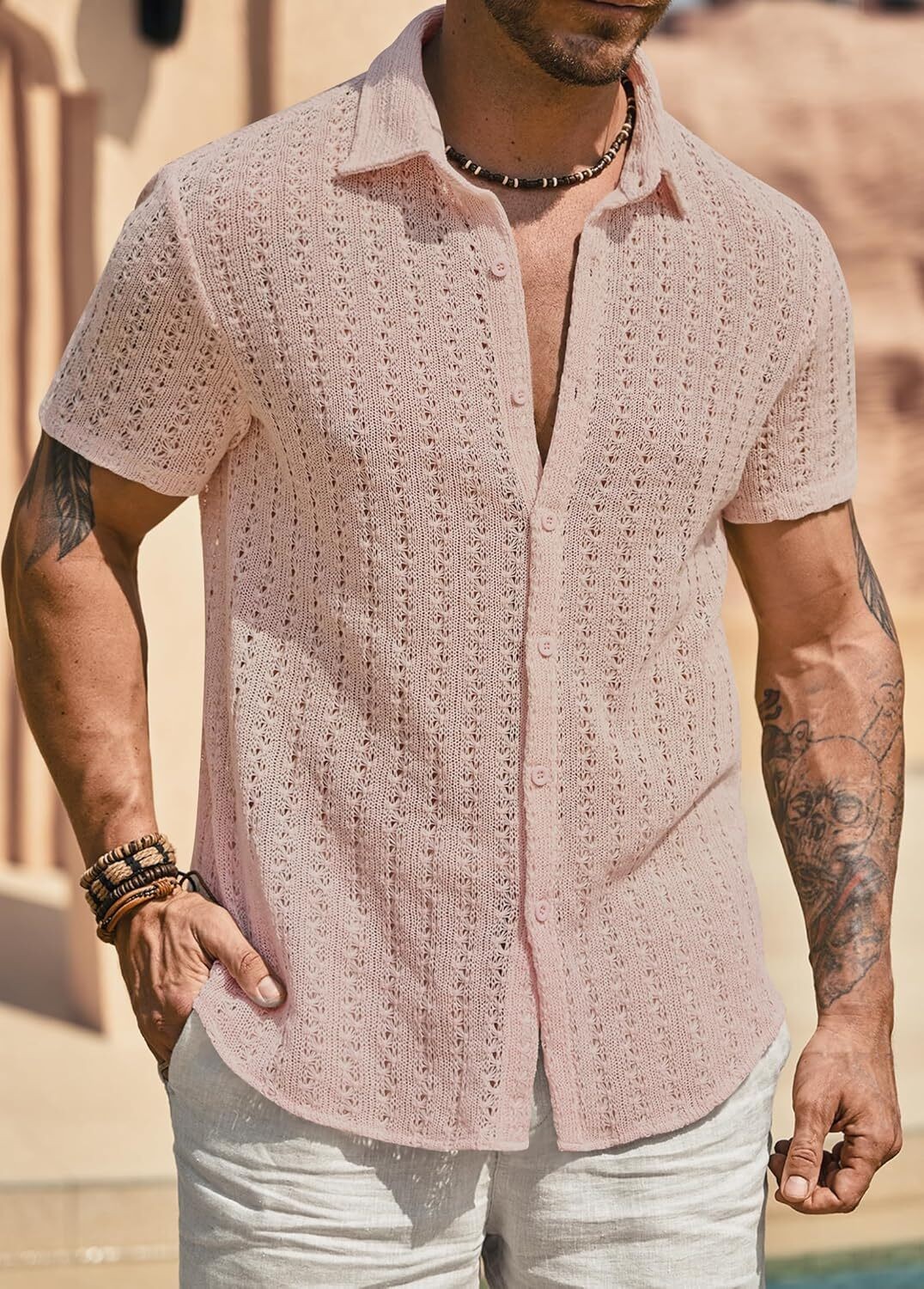 Men's Knit Crochet Button Down Shirt Hollow Out Textured Casual Summer Top S-XXL gallery