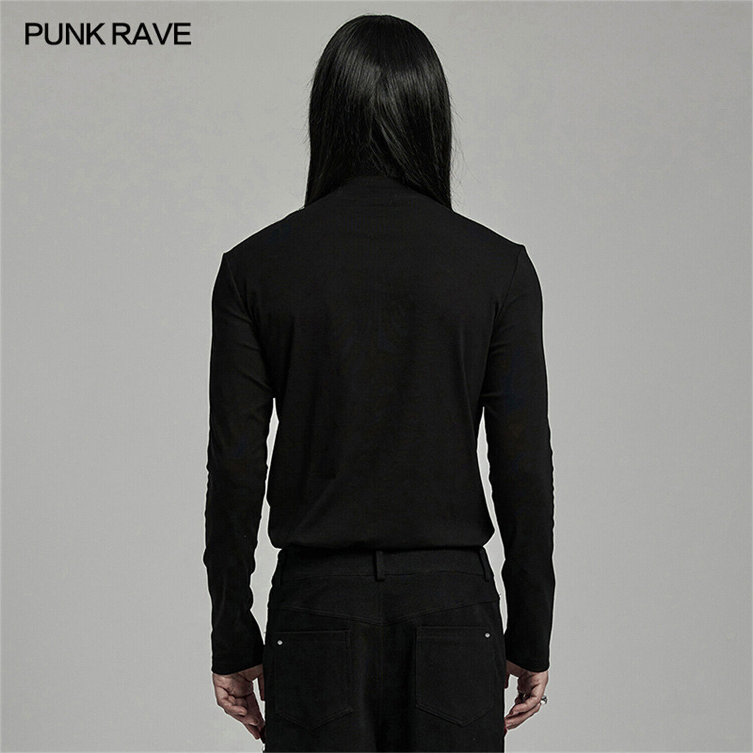PUNK RAVE Black Cyberpunk Gothic Punk Mesh Splicing Long Sleeve T-Shirt Men Top gallery