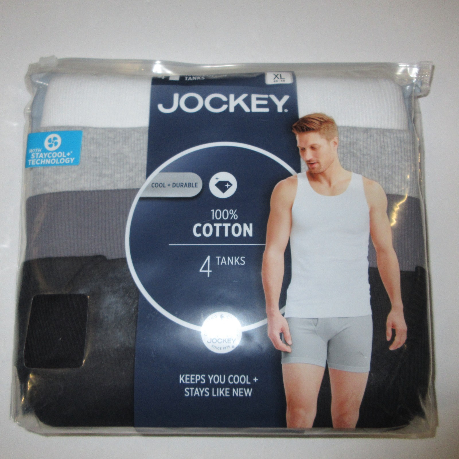 New Jockey 4 Pack Men’s Stay Cool Cotton Tanks Extra Large XL Black Gray White