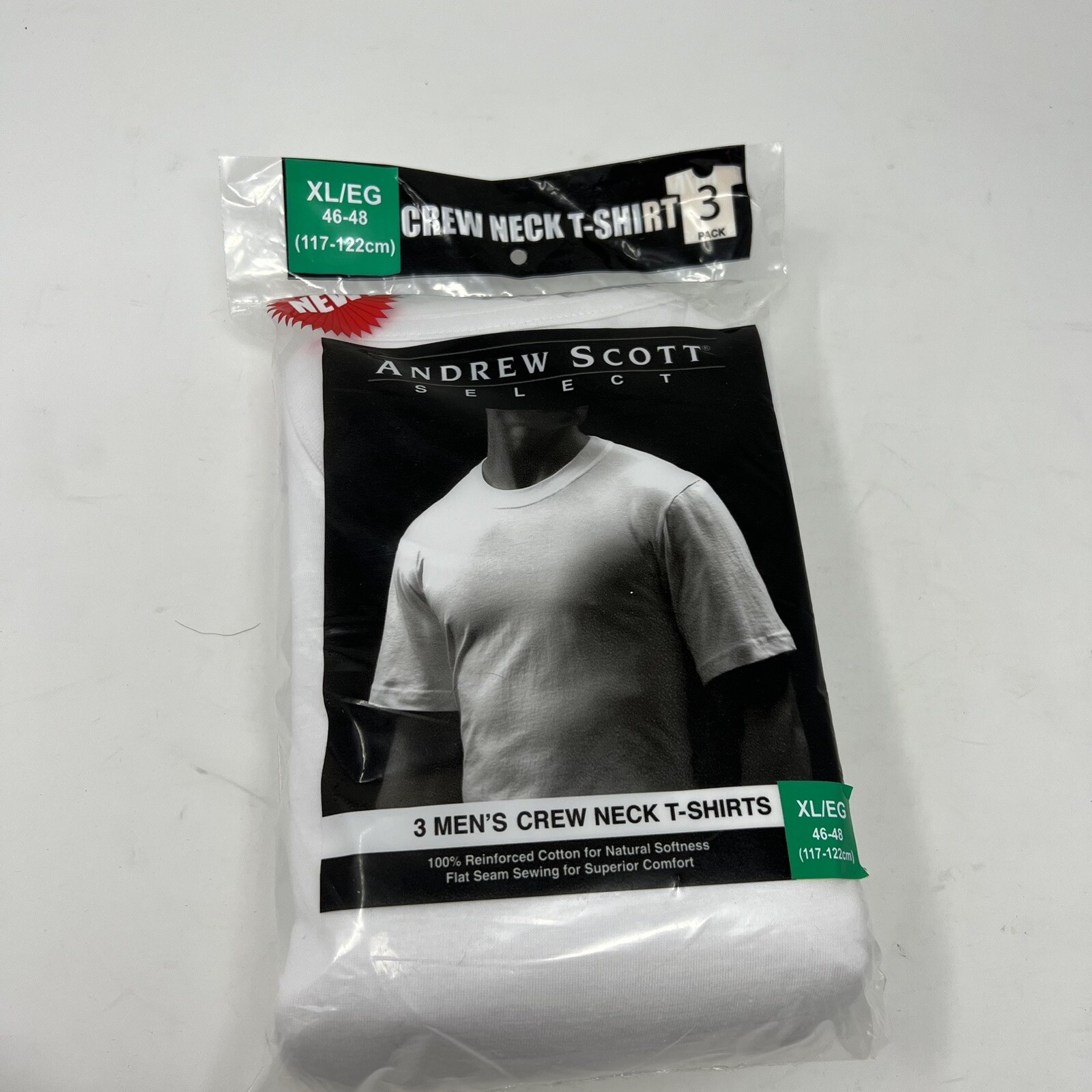 NWT Andrew Scott Size XL 3 Pack Mens White Crew Neck T-shirts 100% Cotton