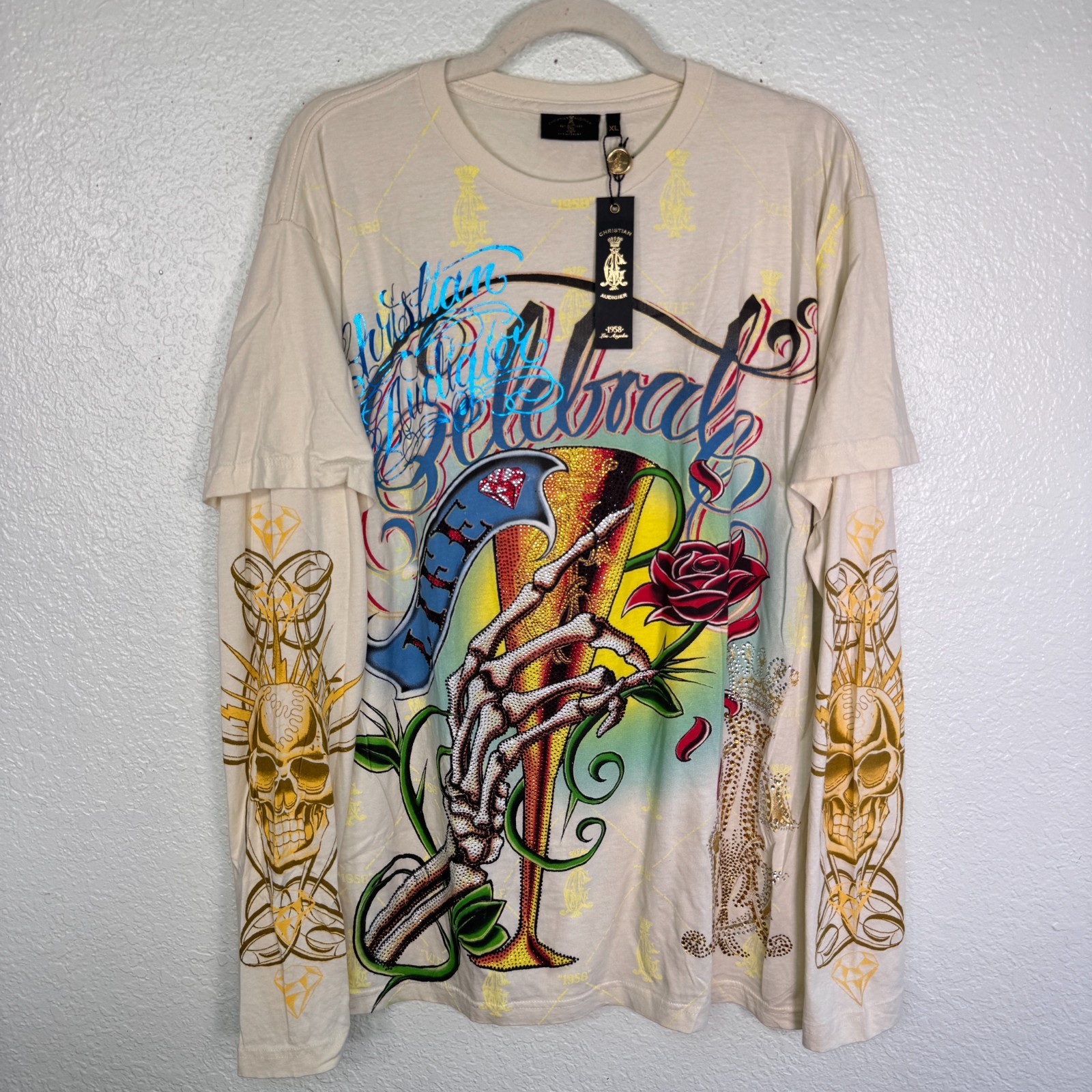 Christian Audigier Shirt Mens XL Celebrate Life 2fer Skull Rhinestone Y2K Tattoo