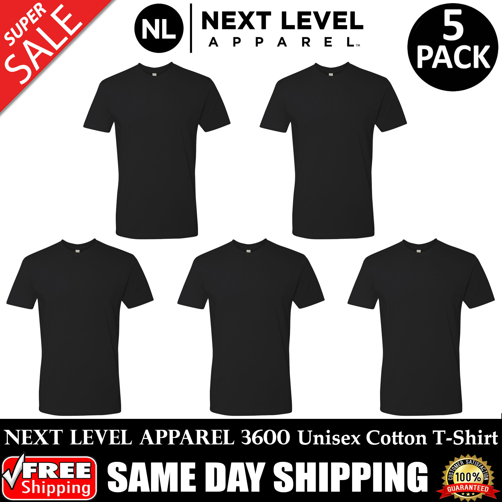 5 PACK OF NEXT LEVEL PLAIN Mens Black T Shirt Blank Cotton T-Shirt Tee 3600 S-XL gallery
