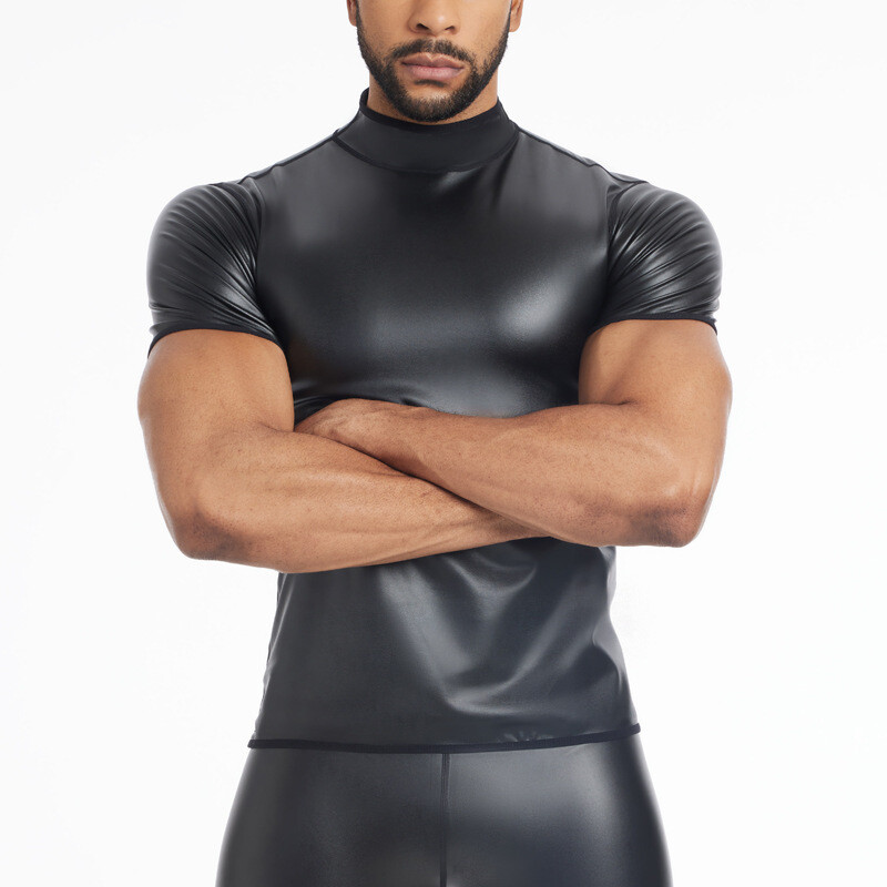 Wet Look Short Sleeve Top Shapewear Blouse for Mens Waist Trainer Corsets gallery