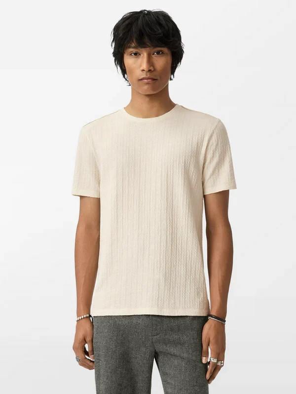 $128 John Varvatos Brasse Crew T-Shirt Large Ivory Chain Textured Knit Stretch