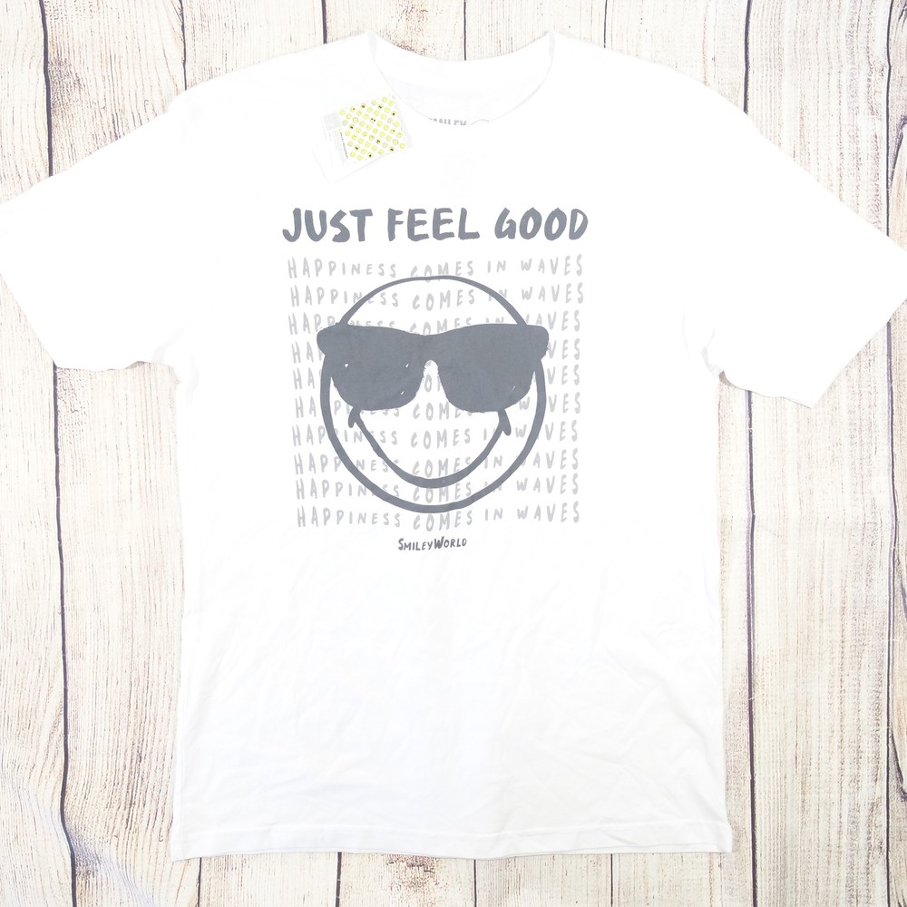 SMILEY WORLD WHITE LARGE JUST FEEL GOOD SMILE HAPPY WAVES ART TSHIRT MENS NEW