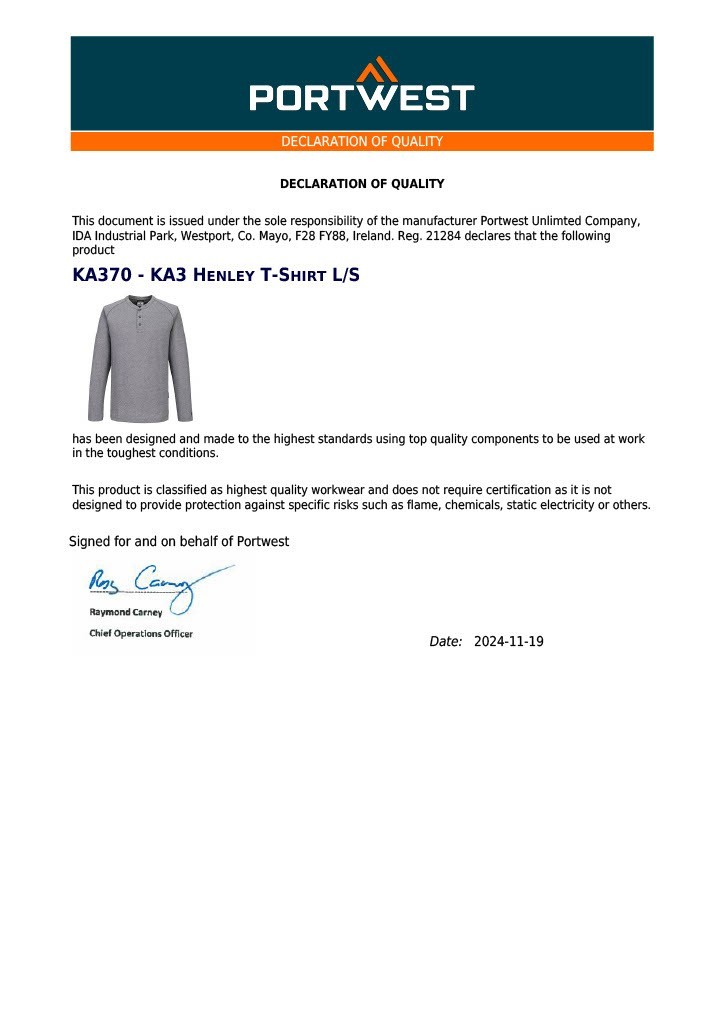 Portwest KA370 KA3 High Quality Cotton Long Sleeved Henley T-Shirt L/S Zoom Grey gallery