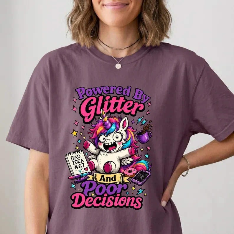 Powered By Glitter And Poor Decisions Graphic T-Shirt, Funny Unicorn Gift gallery