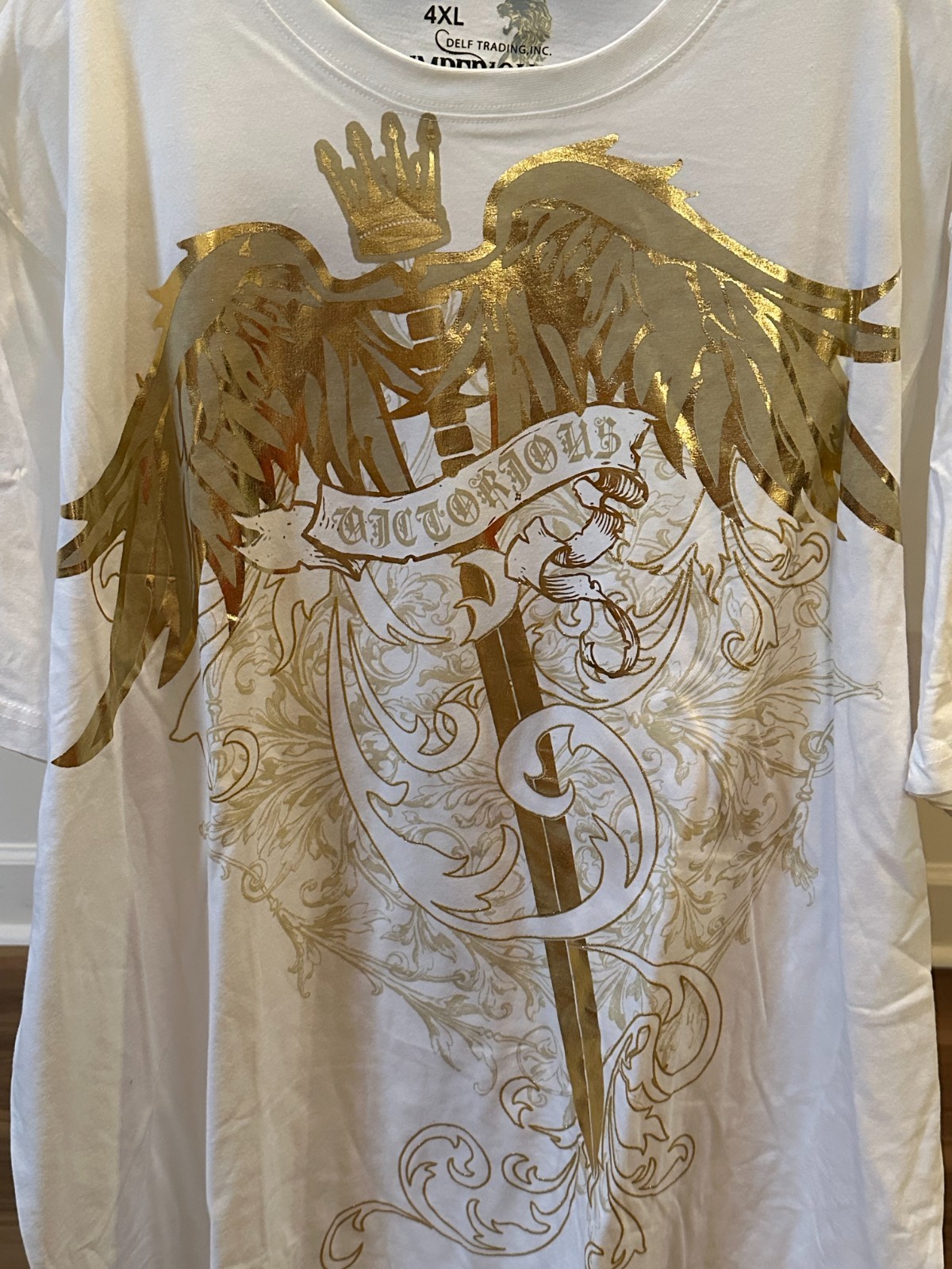 Delf Trading Inc. Imperious Men's Shortsleeve Tshirt White w/ Shiny Gold Design gallery