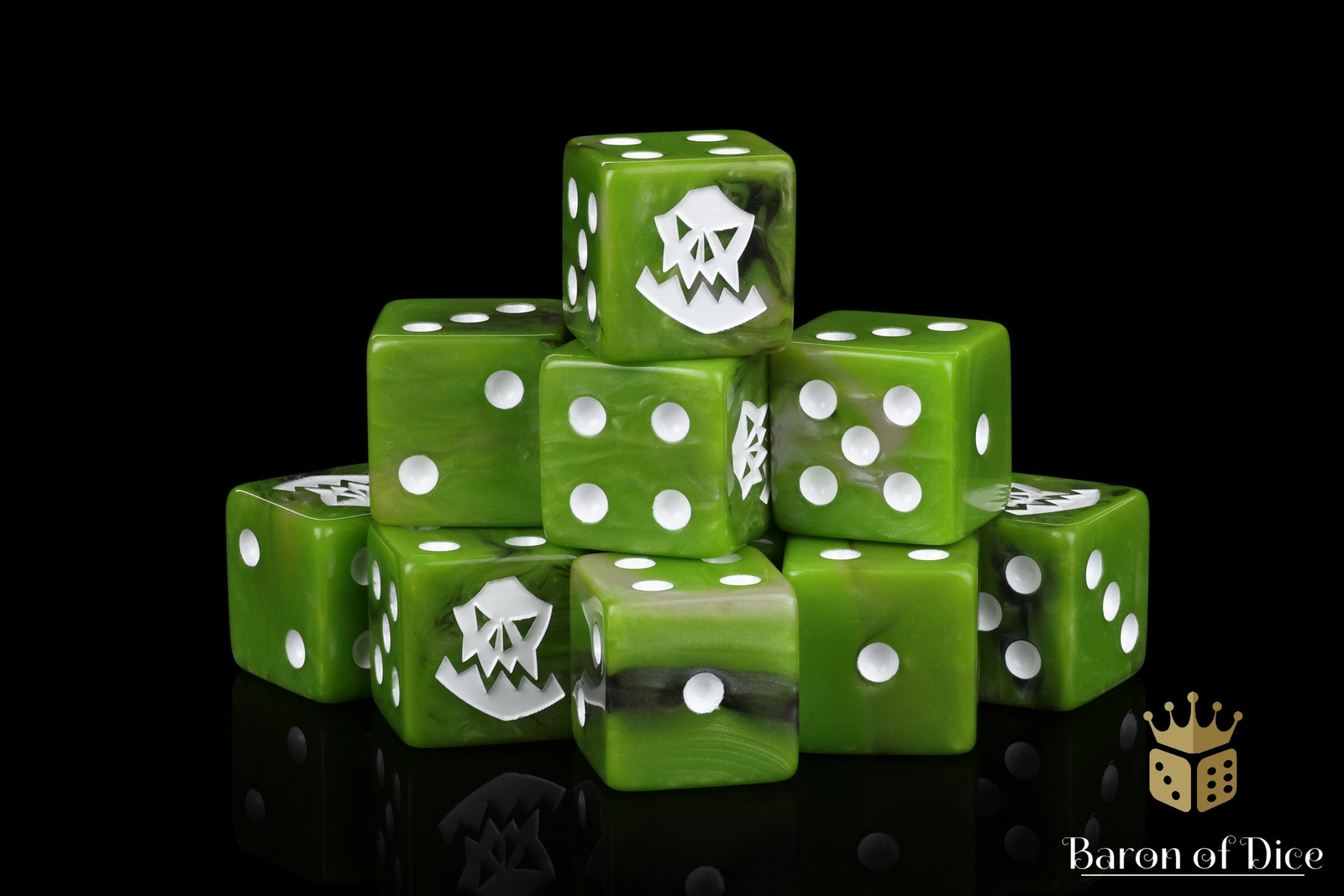Orc Wargaming Dice - Resin D6s - Green with White Symbols