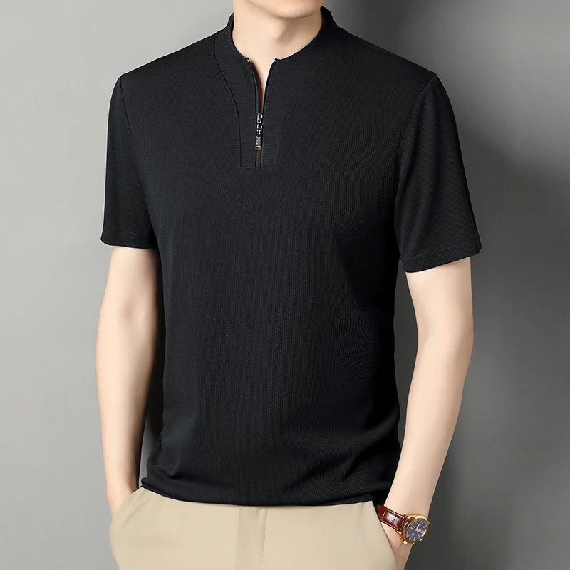 Half Zip Men's Short Sleeved T-shirt Summer Stand Up Collar Thin Hoodie Ice Silk gallery
